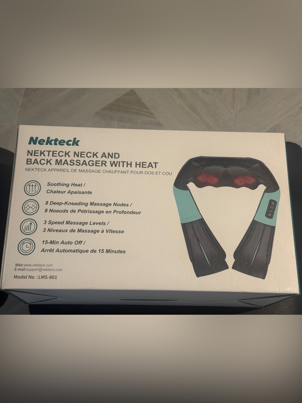 Nekteck LMS-801 Black Blue Kneading Neck & Back Massager With Soothing Heat New